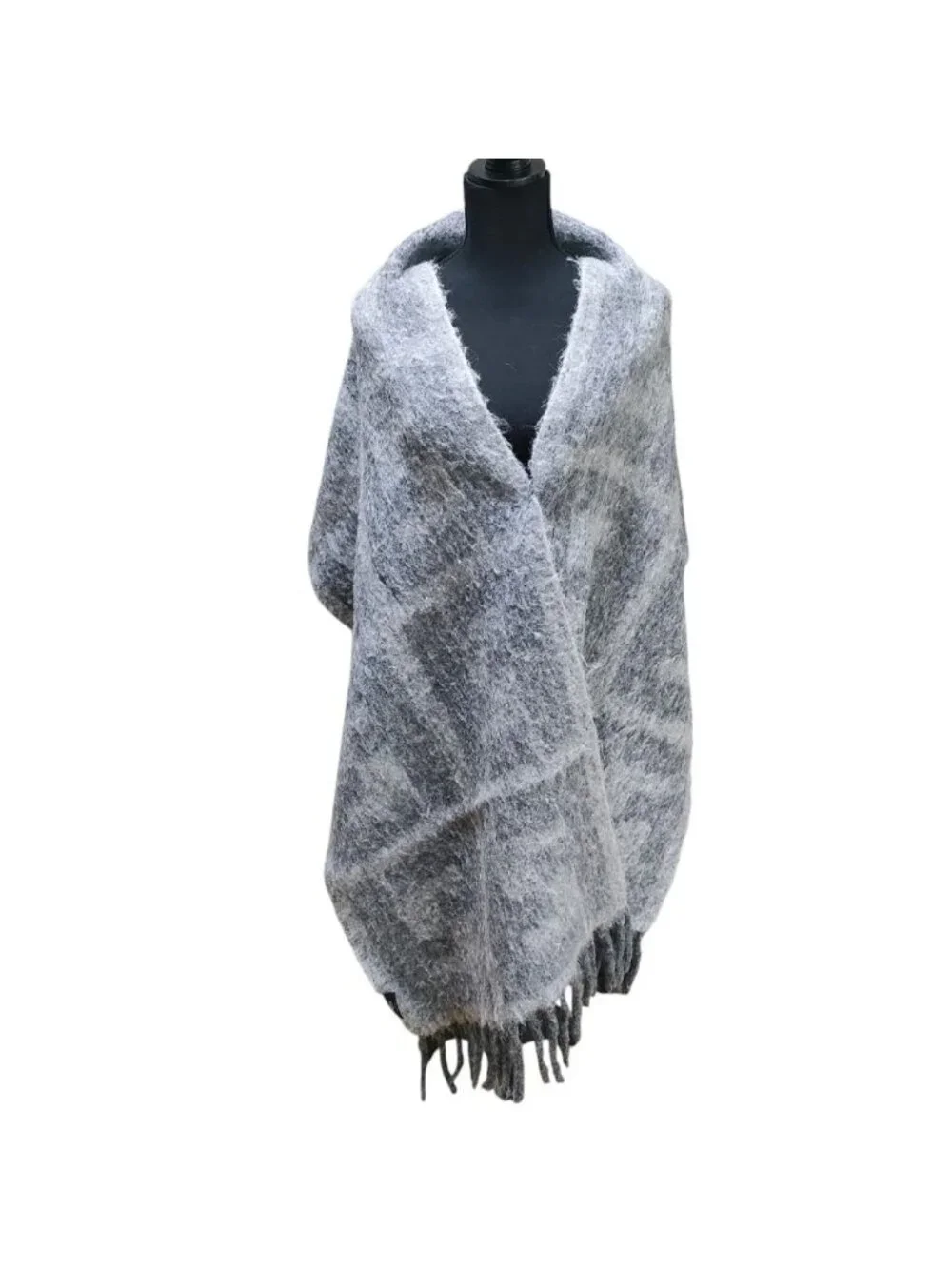 Fendi FF Pattern Shaggy Shawl Fringe Scarf Gray